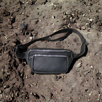 Бананка из натуральной кожи, сумка мужская-женская барсетка черная c серебряным замком