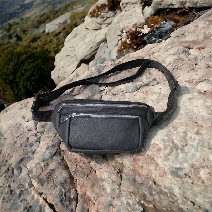 Бананка из натуральной кожи, сумка мужская-женская барсетка черная c серебряным замком