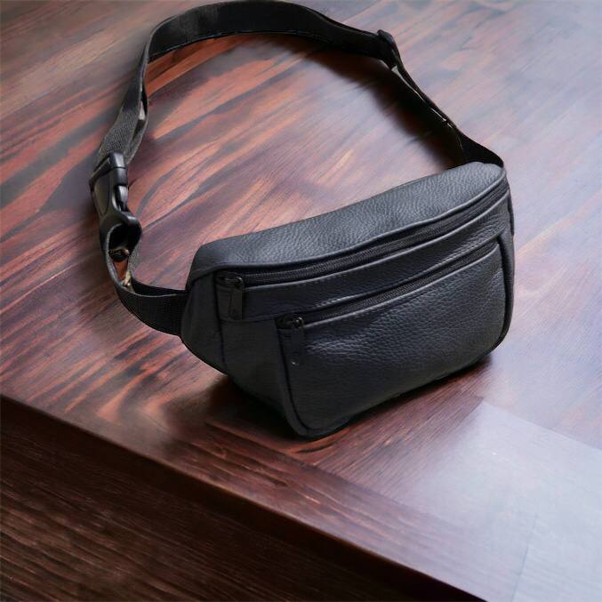 Кожаная качественная бананка мужская - женская сумка, черная сумка из кожи