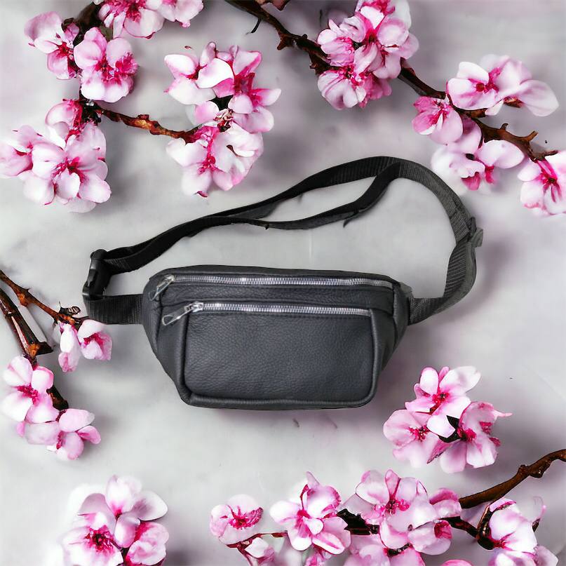 Бананка из натуральной кожи, сумка мужская-женская барсетка черная c серебряным замком