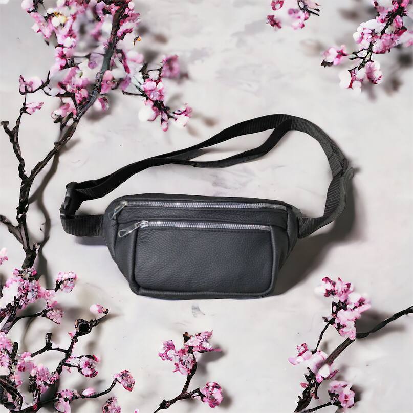 Бананка из натуральной кожи, сумка мужская-женская барсетка черная c серебряным замком