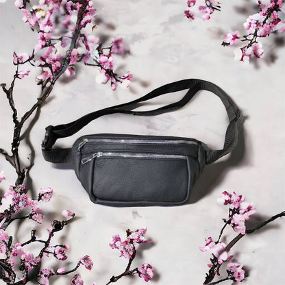 Бананка из натуральной кожи, сумка мужская-женская барсетка черная c серебряным замком