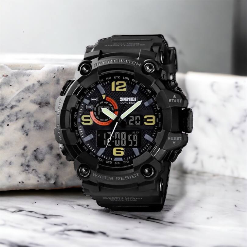 Часы наручные мужские SKMEI 1520BK BLACK, армейские часы противоударные. Цвет: черный