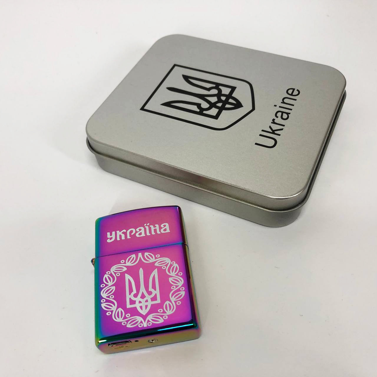 Дуговая электроимпульсная USB зажигалка Украина металлическая коробка HL-447. Цвет: хамелеон