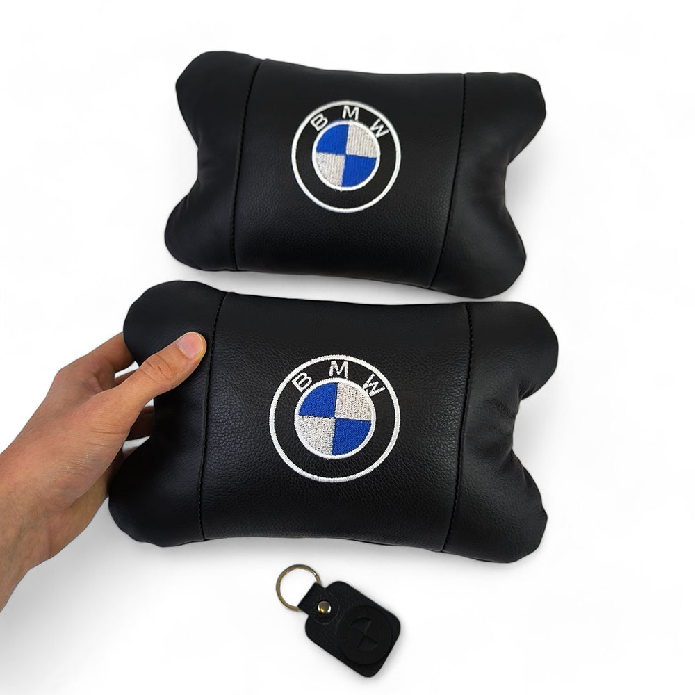 Авто подушки 2 шт — набор BMW из натуральной кожи, на подголовник в машину, Автомобильная подушка БМВ