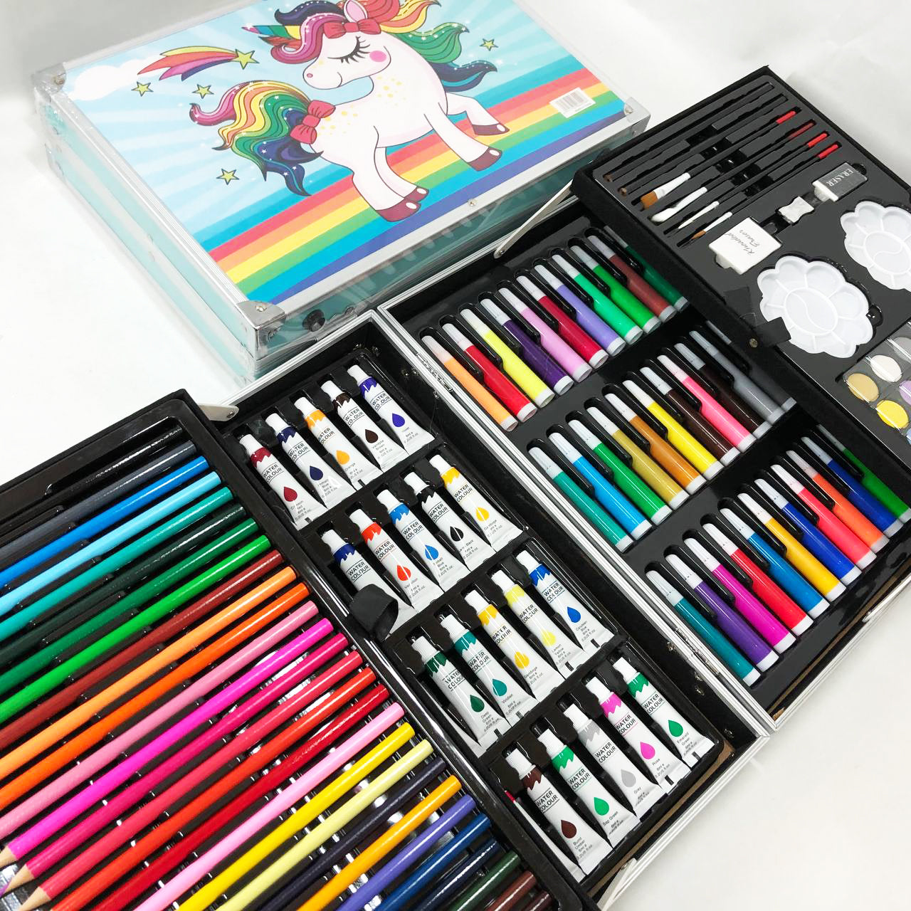 Набор для творчества в алюминиевом чемодане Единорог 145 предметов, чемодан для рисования детский кейс. Цвет: голубой