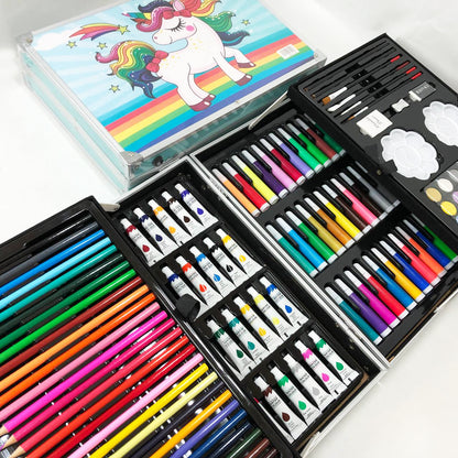 Набор для творчества в алюминиевом чемодане Единорог 145 предметов, чемодан для рисования детский кейс. Цвет: голубой