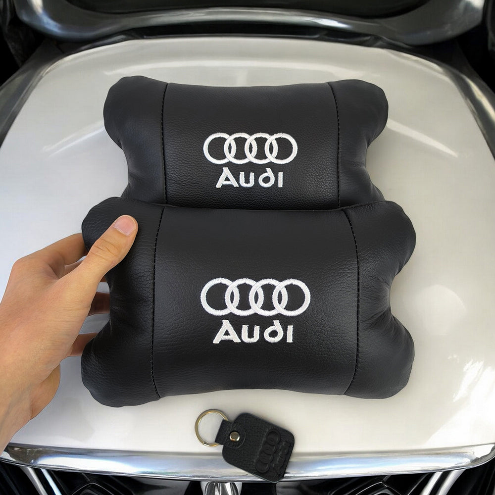 Набор автодушки 2шт на подголовник Audi / Ауди из натуральной кожи черная / Подголовник в машину