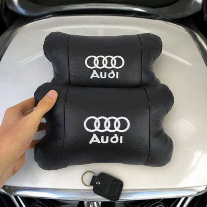 Набор автодушки 2шт на подголовник Audi / Ауди из натуральной кожи черная / Подголовник в машину