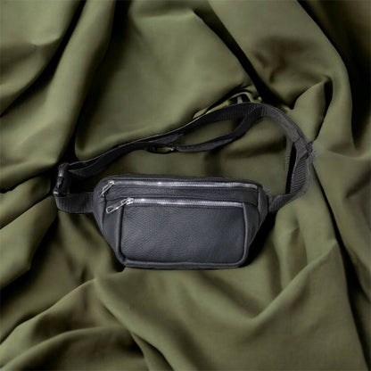 Бананка из натуральной кожи, сумка мужская-женская барсетка черная c серебряным замком