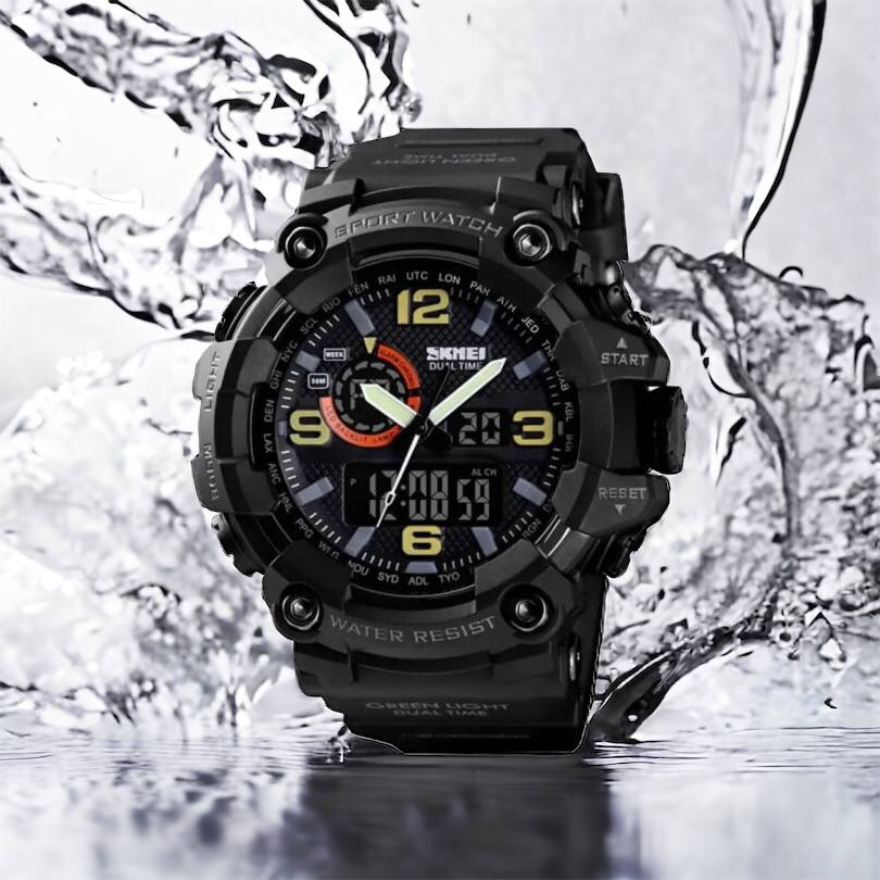 Часы наручные мужские SKMEI 1520BK BLACK, армейские часы противоударные. Цвет: черный