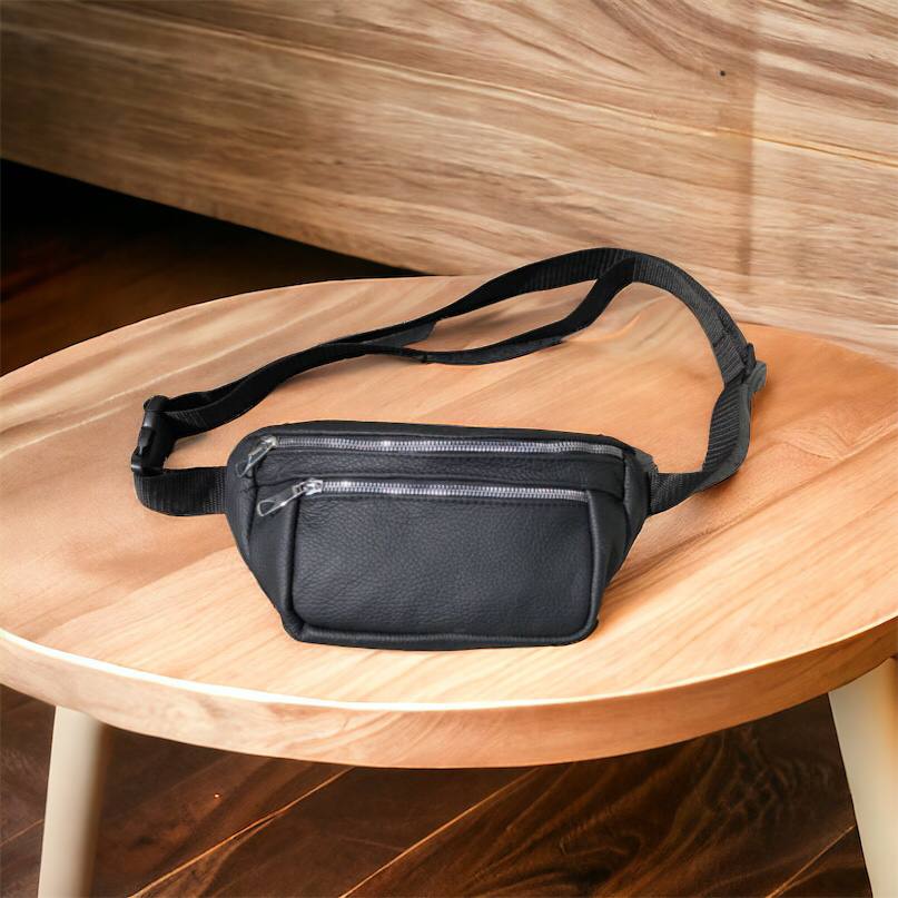 Бананка из натуральной кожи, сумка мужская-женская барсетка черная c серебряным замком