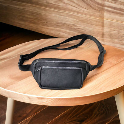 Бананка из натуральной кожи, сумка мужская-женская барсетка черная c серебряным замком