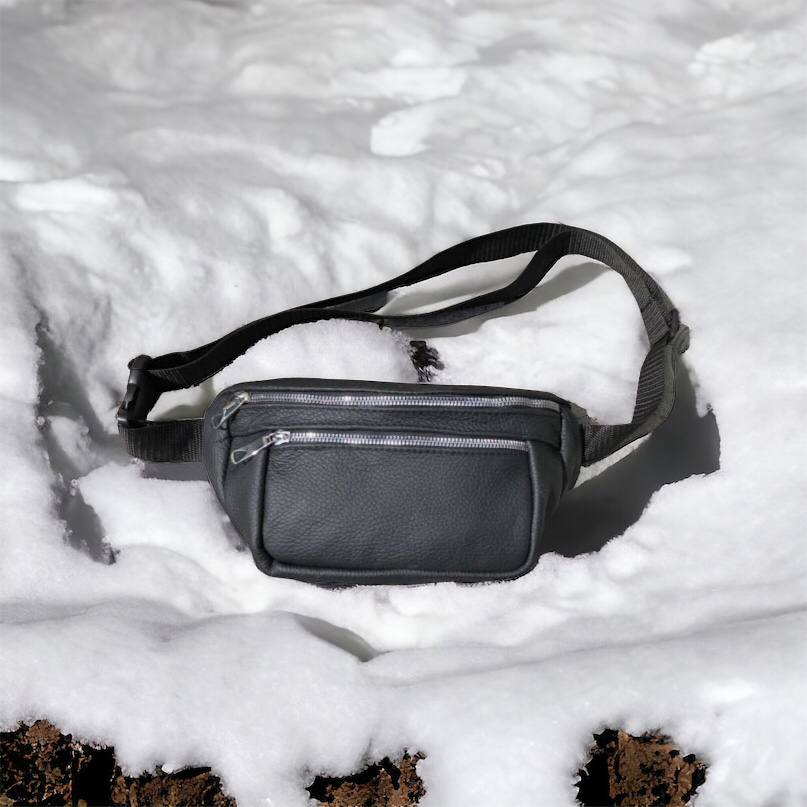 Бананка из натуральной кожи, сумка мужская-женская барсетка черная c серебряным замком