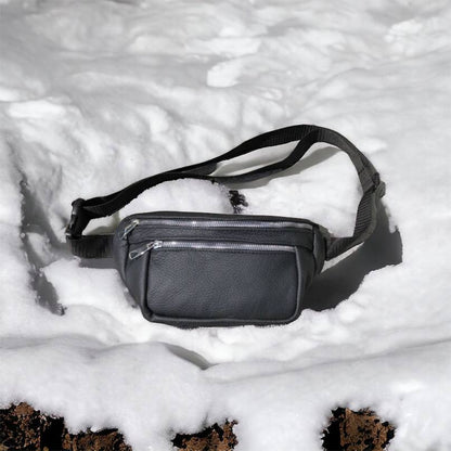 Бананка из натуральной кожи, сумка мужская-женская барсетка черная c серебряным замком