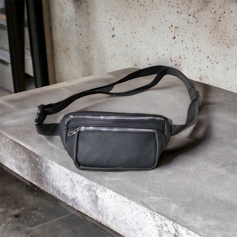 Бананка из натуральной кожи, сумка мужская-женская барсетка черная c серебряным замком