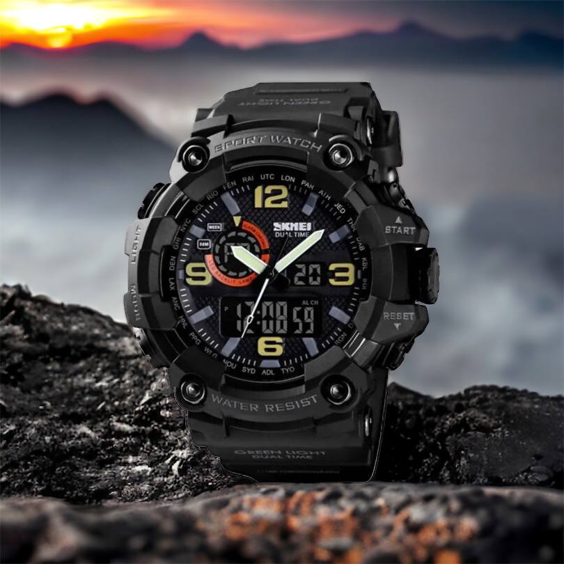 Часы наручные мужские SKMEI 1520BK BLACK, армейские часы противоударные. Цвет: черный