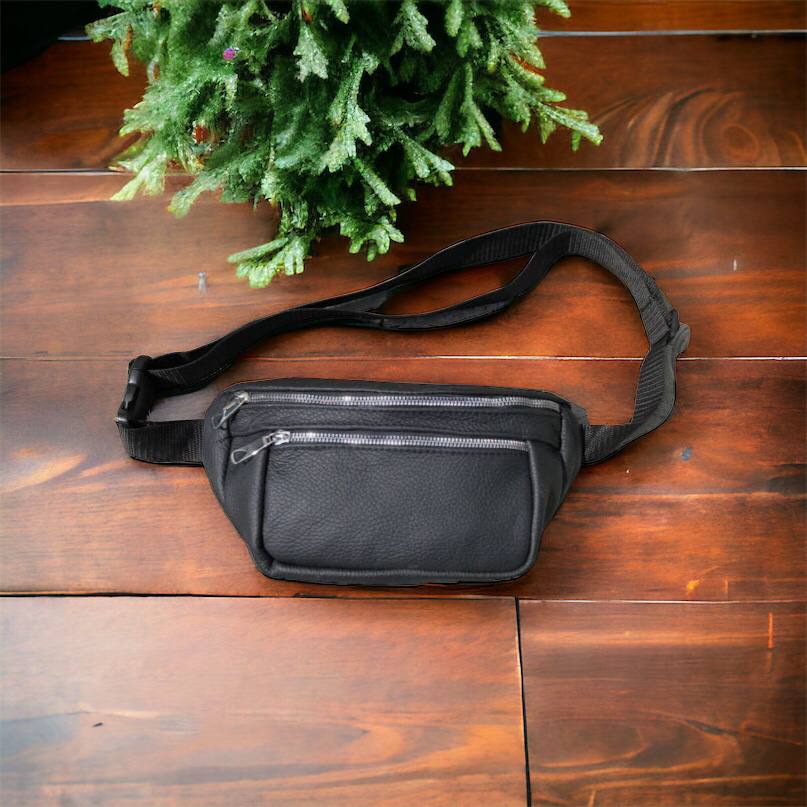 Бананка из натуральной кожи, сумка мужская-женская барсетка черная c серебряным замком