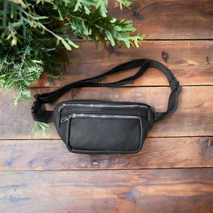 Бананка из натуральной кожи, сумка мужская-женская барсетка черная c серебряным замком