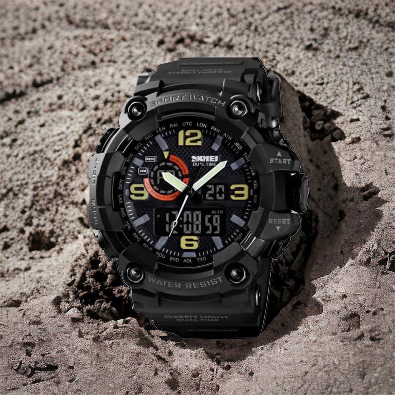 Часы наручные мужские SKMEI 1520BK BLACK, армейские часы противоударные. Цвет: черный