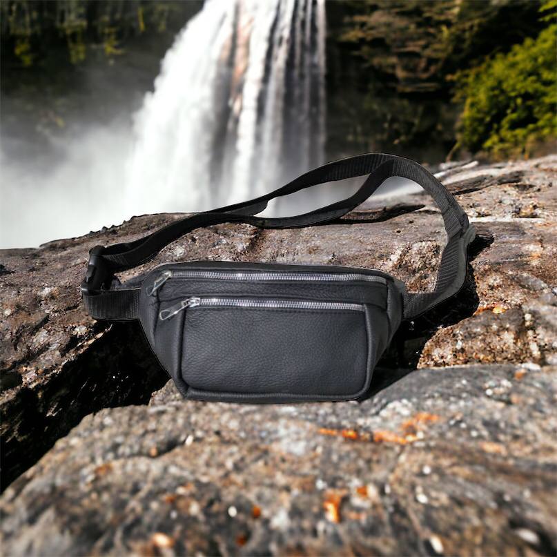 Бананка из натуральной кожи, сумка мужская-женская барсетка черная c серебряным замком