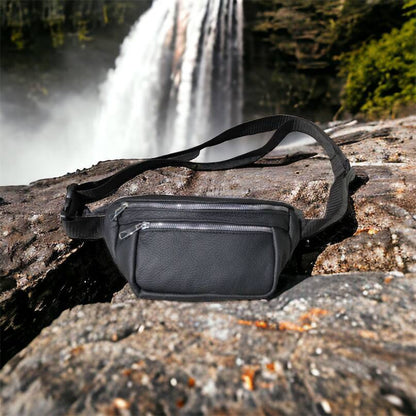 Бананка из натуральной кожи, сумка мужская-женская барсетка черная c серебряным замком