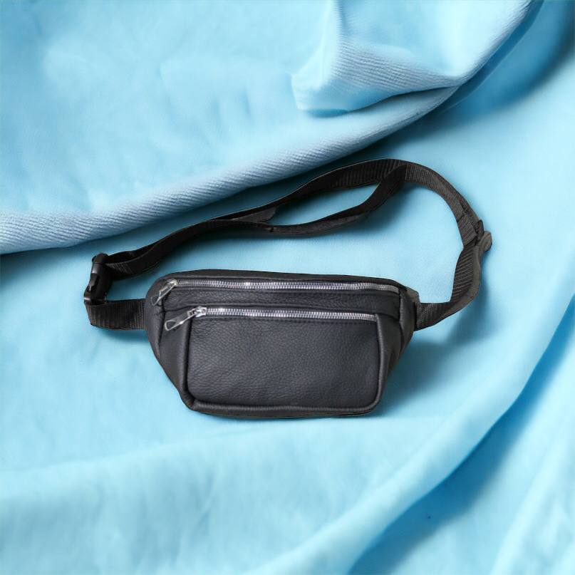 Бананка из натуральной кожи, сумка мужская-женская барсетка черная c серебряным замком