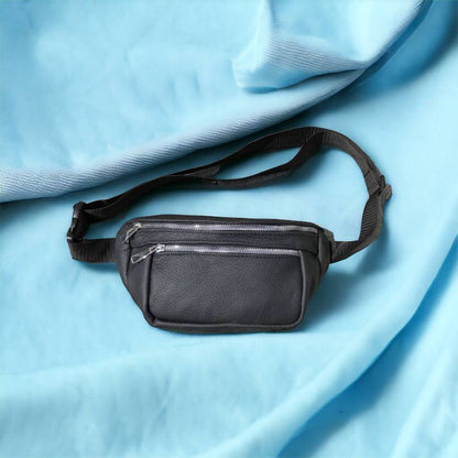 Бананка из натуральной кожи, сумка мужская-женская барсетка черная c серебряным замком