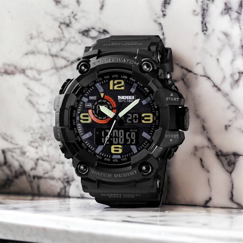 Часы наручные мужские SKMEI 1520BK BLACK, армейские часы противоударные. Цвет: черный