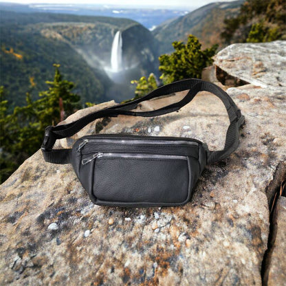 Бананка из натуральной кожи, сумка мужская-женская барсетка черная c серебряным замком