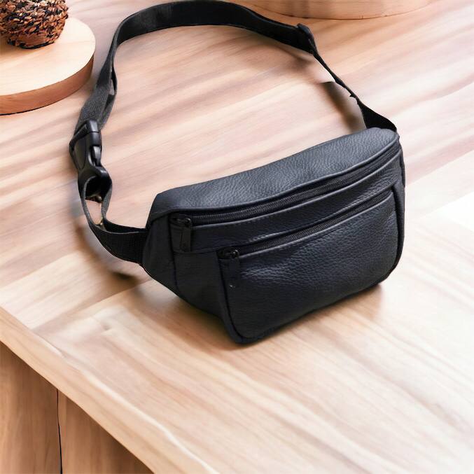 Кожаная качественная бананка мужская - женская сумка, черная сумка из кожи