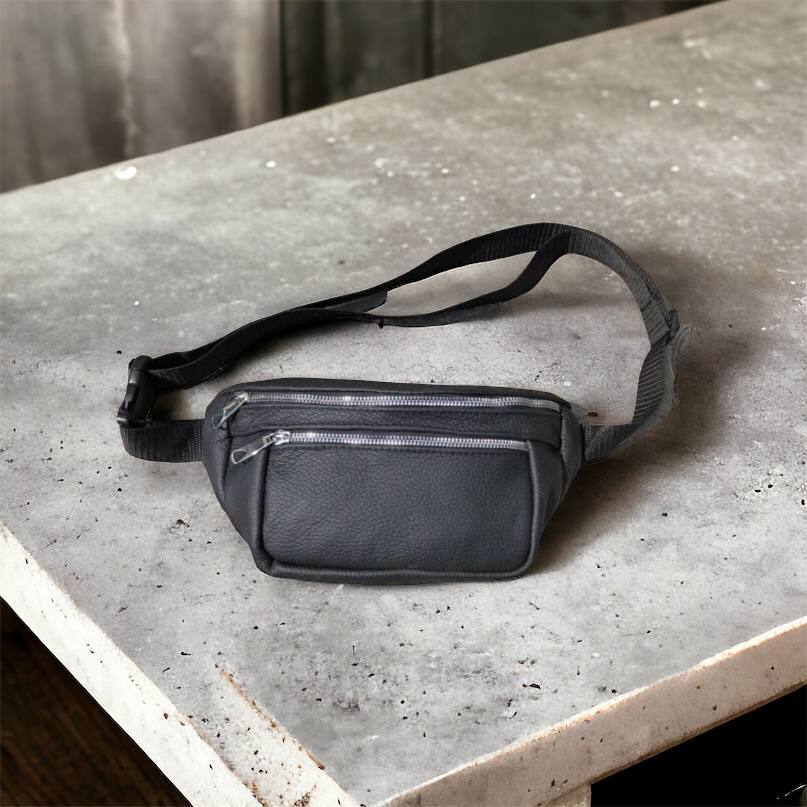 Бананка из натуральной кожи, сумка мужская-женская барсетка черная c серебряным замком