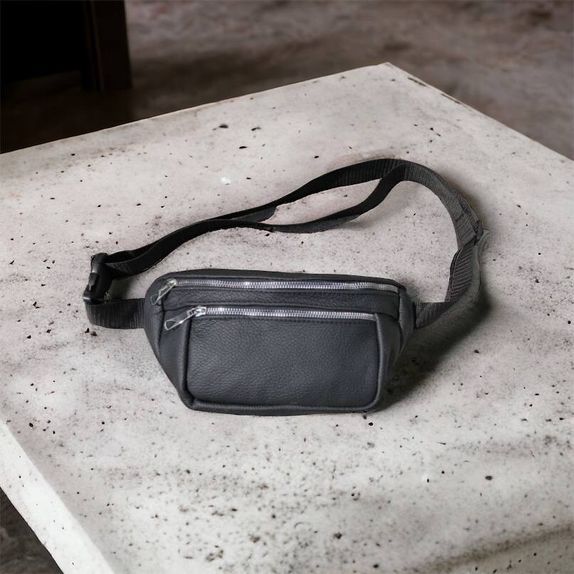 Бананка из натуральной кожи, сумка мужская-женская барсетка черная c серебряным замком