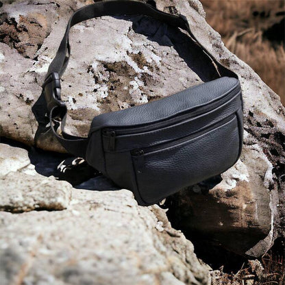 Кожаная качественная бананка мужская - женская сумка, черная сумка из кожи