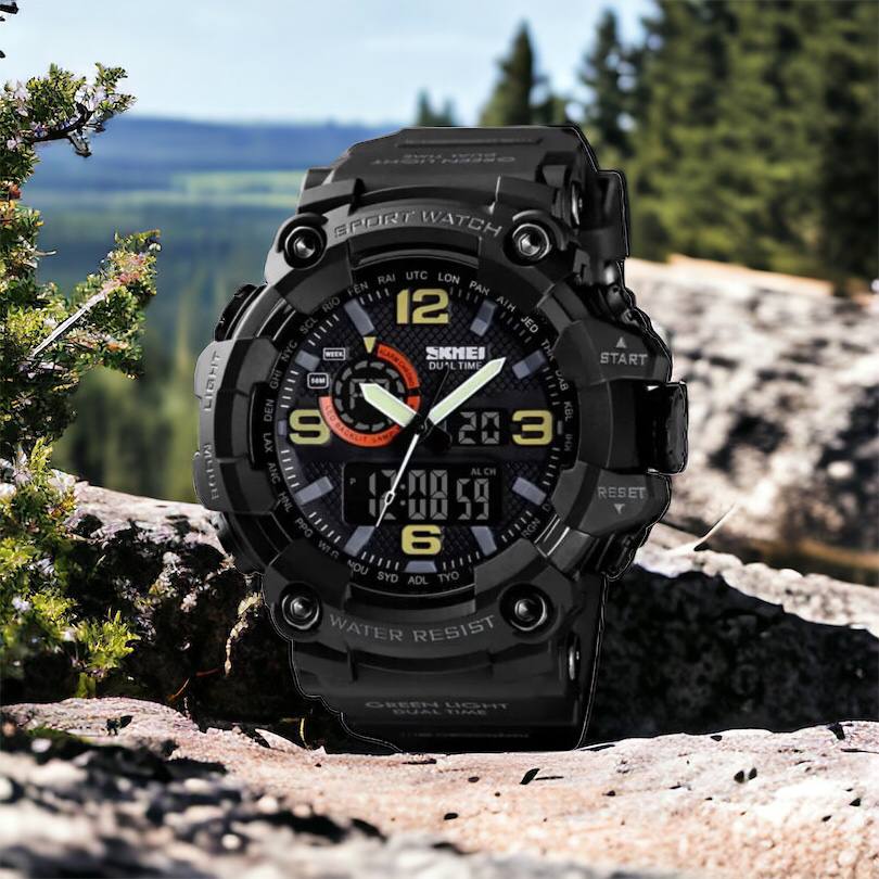 Часы наручные мужские SKMEI 1520BK BLACK, армейские часы противоударные. Цвет: черный