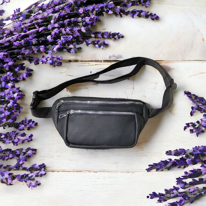 Бананка из натуральной кожи, сумка мужская-женская барсетка черная c серебряным замком