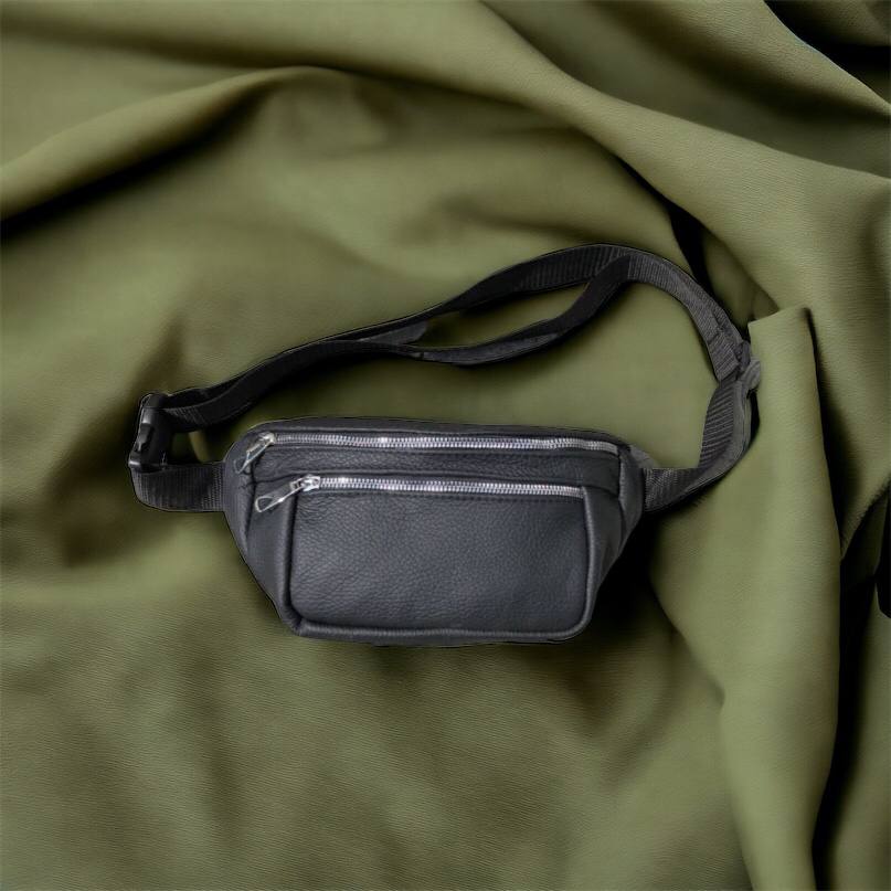 Бананка из натуральной кожи, сумка мужская-женская барсетка черная c серебряным замком