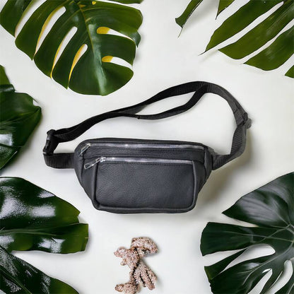 Бананка из натуральной кожи, сумка мужская-женская барсетка черная c серебряным замком