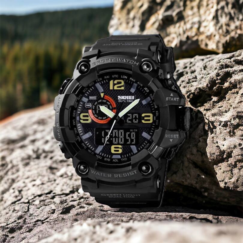 Часы наручные мужские SKMEI 1520BK BLACK, армейские часы противоударные. Цвет: черный