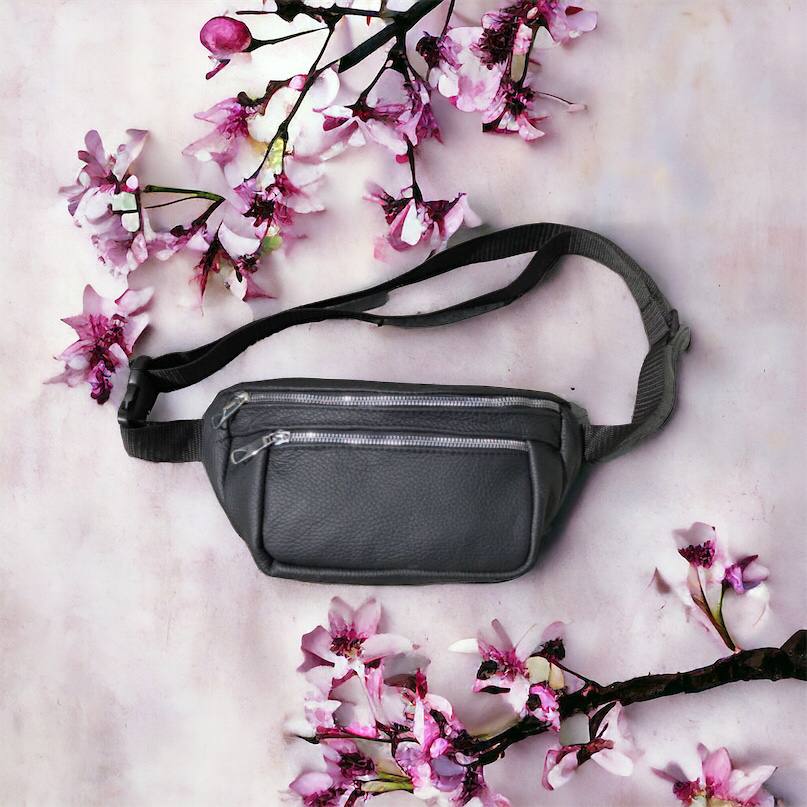 Бананка из натуральной кожи, сумка мужская-женская барсетка черная c серебряным замком