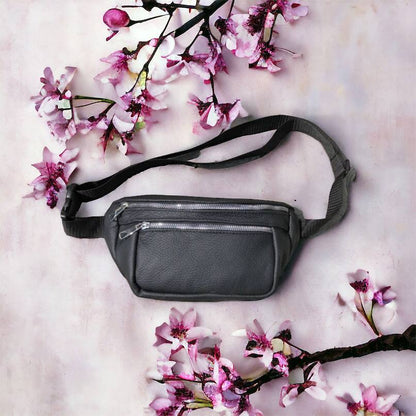 Бананка из натуральной кожи, сумка мужская-женская барсетка черная c серебряным замком