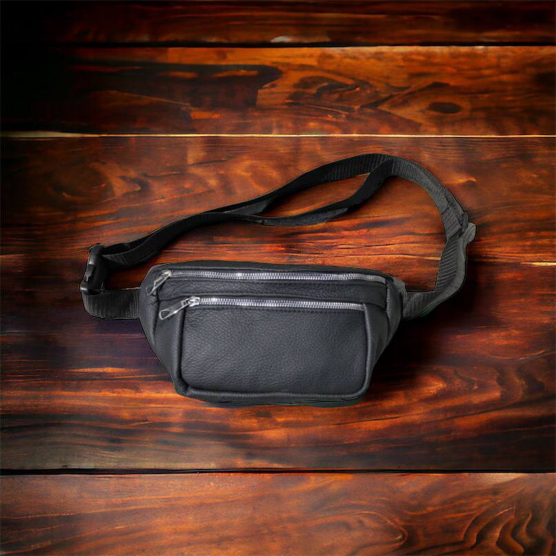 Бананка из натуральной кожи, сумка мужская-женская барсетка черная c серебряным замком