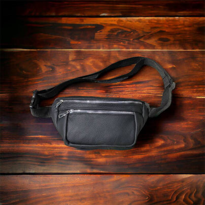 Бананка из натуральной кожи, сумка мужская-женская барсетка черная c серебряным замком