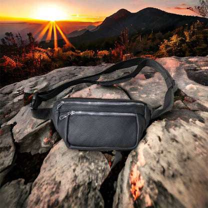 Бананка из натуральной кожи, сумка мужская-женская барсетка черная c серебряным замком