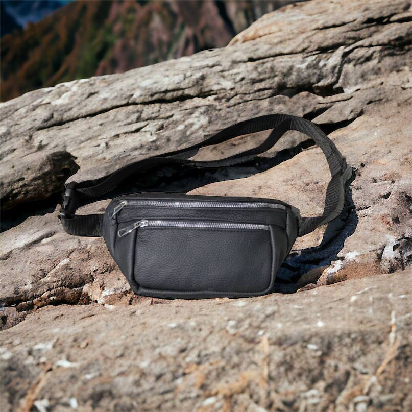 Бананка из натуральной кожи, сумка мужская-женская барсетка черная c серебряным замком