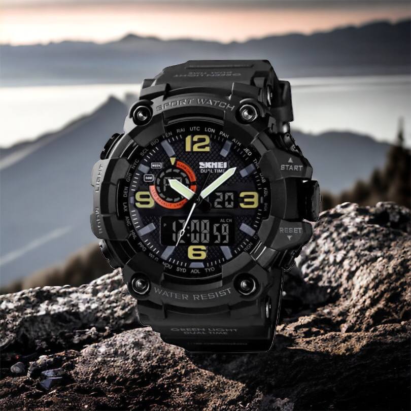 Часы наручные мужские SKMEI 1520BK BLACK, армейские часы противоударные. Цвет: черный