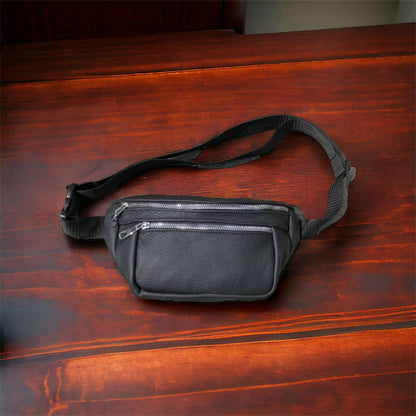 Бананка из натуральной кожи, сумка мужская-женская барсетка черная c серебряным замком