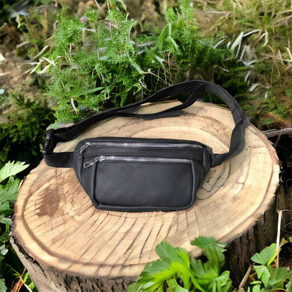 Бананка из натуральной кожи, сумка мужская-женская барсетка черная c серебряным замком