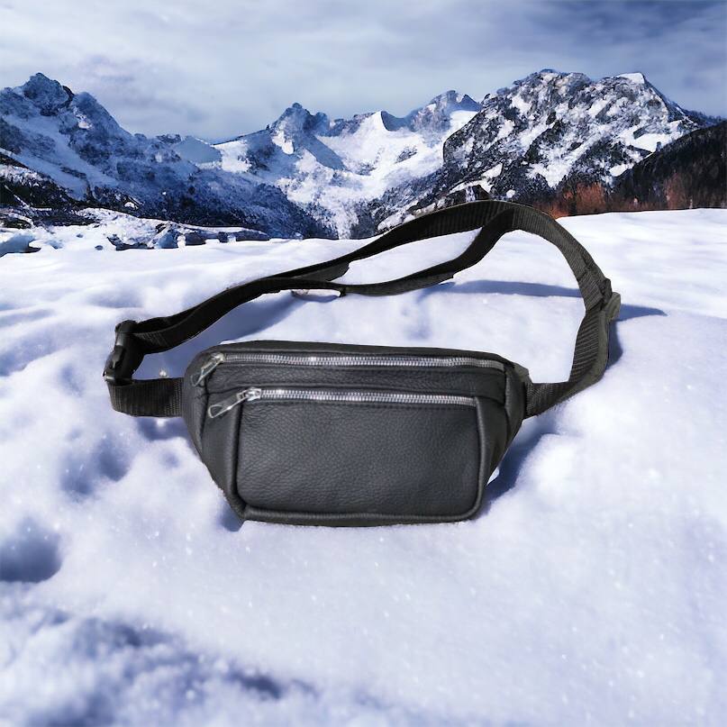 Бананка из натуральной кожи, сумка мужская-женская барсетка черная c серебряным замком