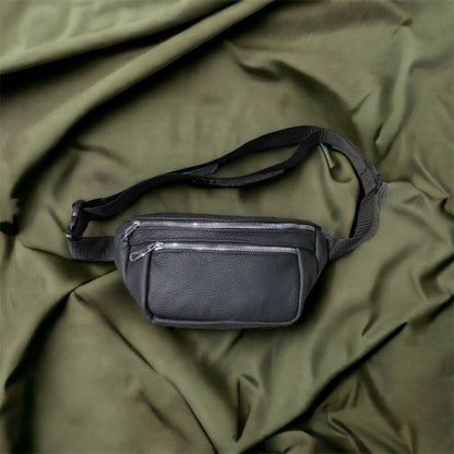 Бананка из натуральной кожи, сумка мужская-женская барсетка черная c серебряным замком